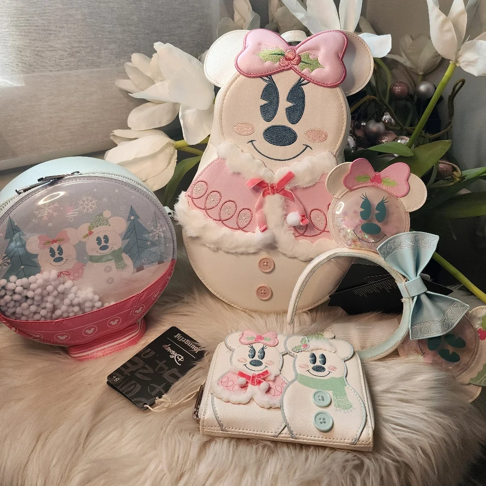 Set of 4 Loungefly Disney Minnie Mouse Pastel Snowman  Bag &crosbody&ears&wallet